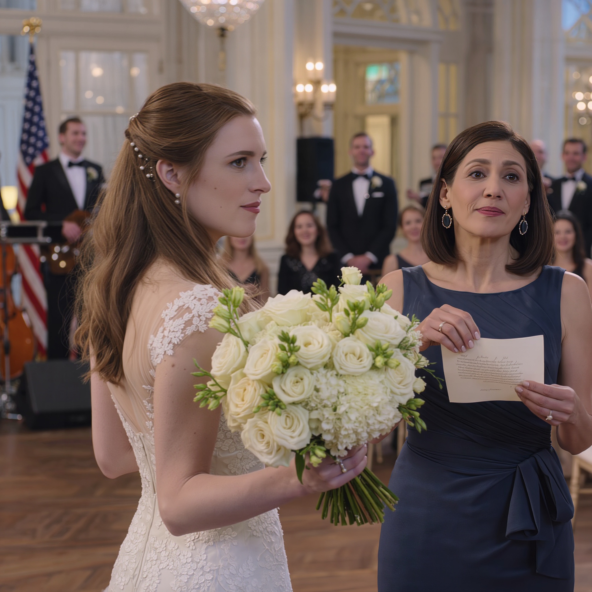 At my daughter’s wedding to the son of a wealthy man, everyone praised them as the perfect couple. When she threw the bridal bouquet toward me, I froze because I saw a small piece of paper tucked inside with the words: ‘Mom, get me out of here.’