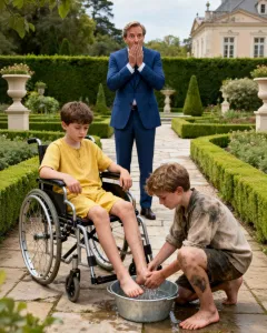 “I’LL WASH YOUR FOOT AND YOU’LL WALK” – His Son Was Born Paralyzed And Spent 12 Years In A Wheelchair—The Billionaire Father Thought All Hope Was Gone Until A Strange Boy Climbed Their Fence With A Dented Basin…