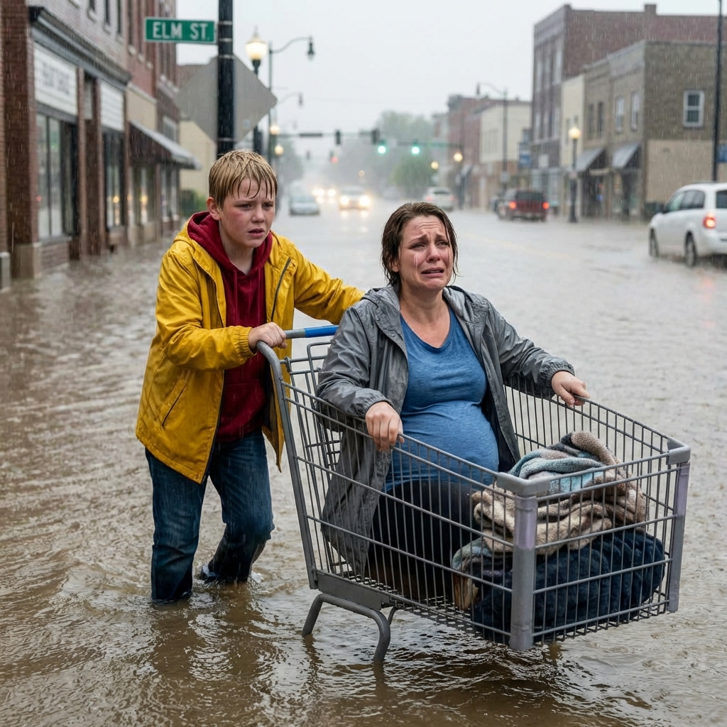 While Traffic Rushed Past a Pregnant Woman Stranded in Rising Floodwater, a Homeless Twelve-Year-Old Boy Walked Out of the Storm to Save Her—Days Later, a Black SUV Pulled Up Outside the Soup Kitchen and He Stood Frozen
