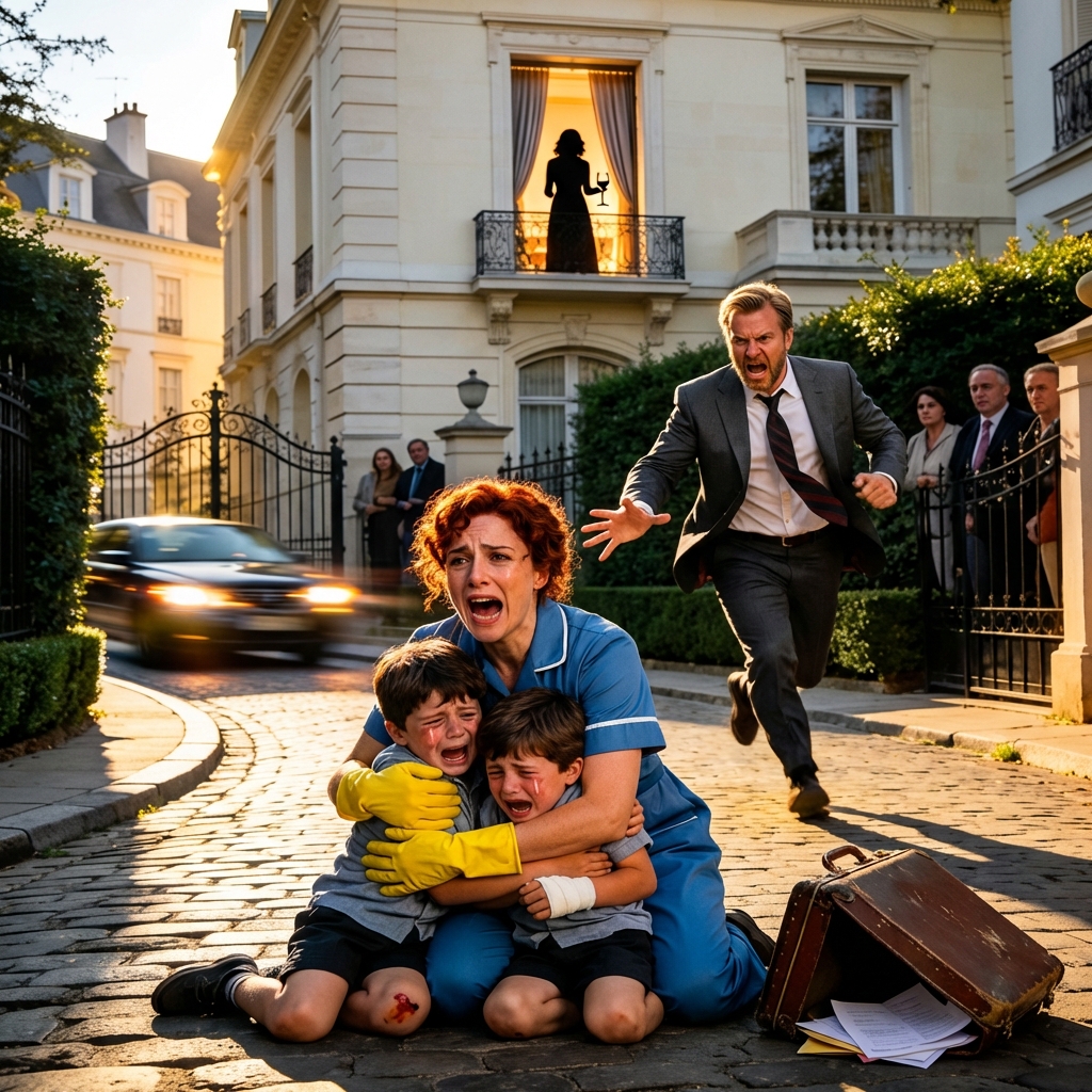 He fired the nanny on the spot over a “missing” Rolex and threw her out in yellow cleaning gloves—no goodbye, no dignity. Minutes later, his 5-year-old twins sprinted into the street screaming “Don’t leave us!” and crashed into her arms, bleeding from broken glass. Then the eldest looked their father in the eye and whispered the sentence that shattered his world: “She planted the watch… and Clara smells like Mum. When she hugs us, the fear goes away.” In that moment, the mansion stopped being a home—and the real villain was finally exposed.