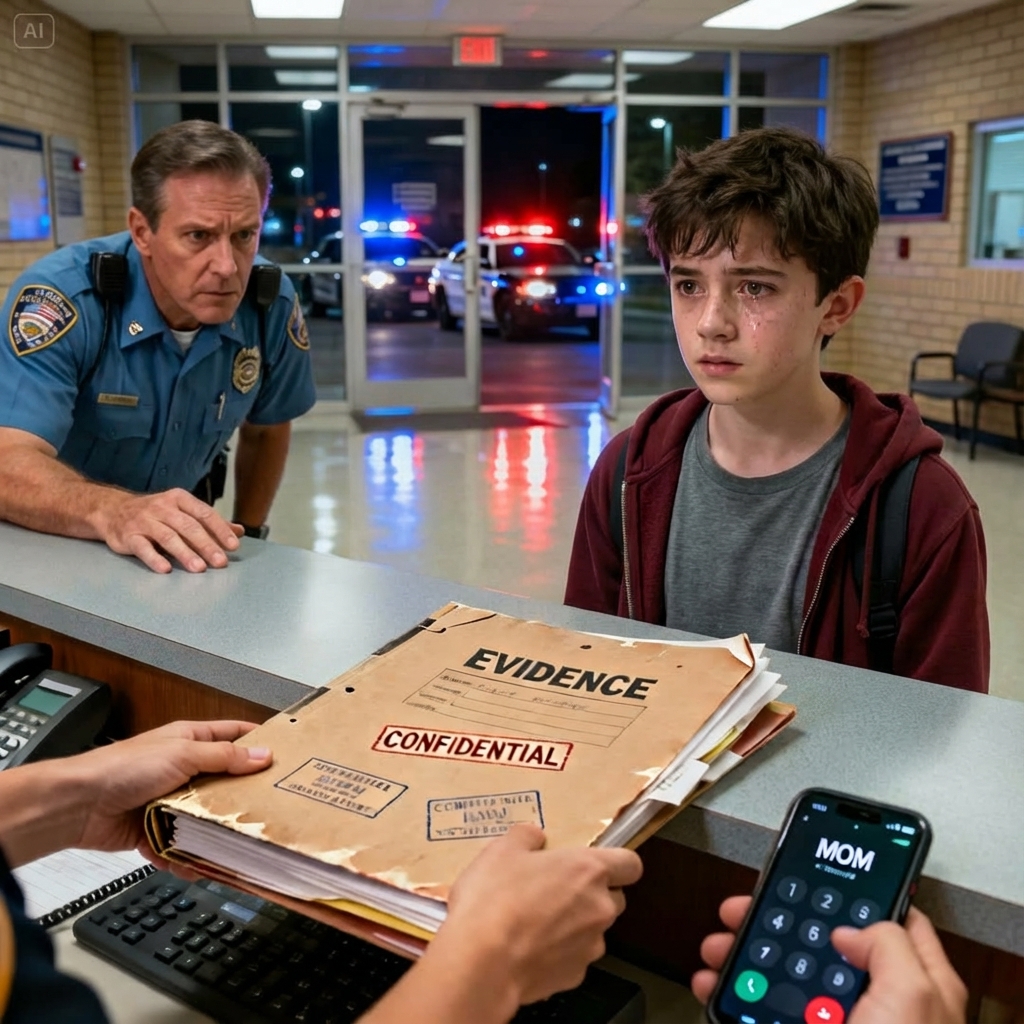 At sixteen, I was the “good kid” everyone trusted—until I stopped being quiet. When my stepdad snapped, “You don’t leave this house without permission,” I smiled and said, “Watch me.” That night I slipped out, walked straight into the police station, and dropped a folder on the front desk. The officer asked, “Do you know what this means?” I swallowed hard. “Yeah,” I whispered, “it ends my family.” Hours later, my mom called screaming, “Come home NOW!” I just replied, “You should’ve protected me.” Then the sirens pulled up… and everything I’d hidden finally surfaced.