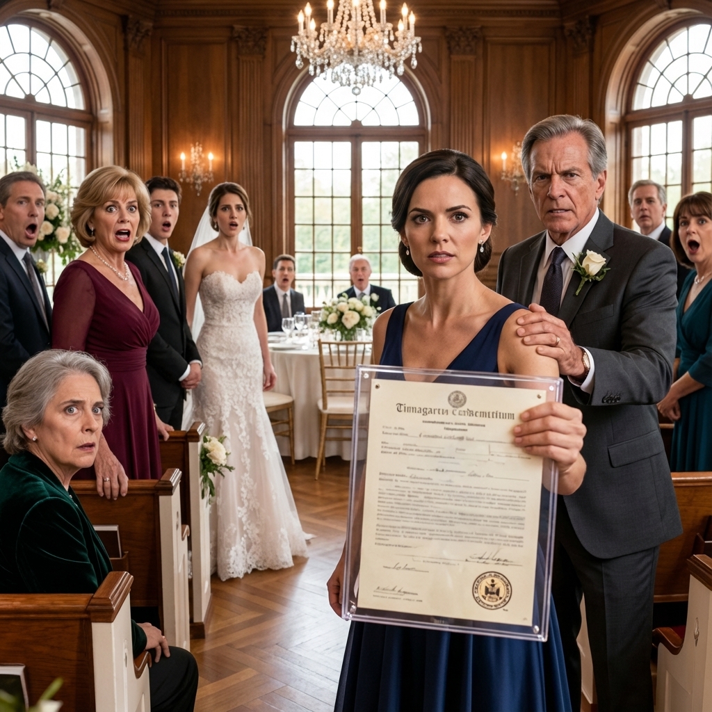“At my sister’s wedding, my mom smiled too wide and said, ‘This is… a family friend.’” I froze—because I heard the whispers right after: “I thought she died ten years ago…” My father’s hand crushed my shoulder as he hissed, “Don’t you dare ruin this.” I swallowed my rage and nodded like I belonged nowhere. But when the priest asked if anyone objected, I stepped forward and said softly, “I do.” The room went silent as I held up the one document they never expected me to have… and that was only the beginning.