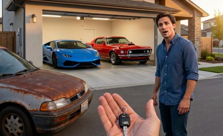 “That rusty Honda is embarrassing our family,” my brother sneered. “Get a real car or don’t come around.” I just smiled, drove off, and let him think he’d won. He followed me home, still laughing—until my garage door rolled up and his voice died in his throat. “W-what… is this?” he whispered, staring at what I’d been hiding in plain sight. I didn’t answer. I only handed him one key—and watched him realize who I really was.