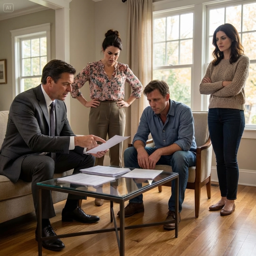 With a confident smirk, my ex’s new wife came to my door, insisting they were entitled to half of my late father’s $5 million and told me to get out. I stayed calm as my lawyer entered the room.