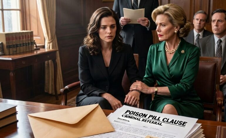 She walked into my uncle’s funeral in pearls and perfume, smiling like she already owned his fortune. The same woman who left me at sixteen. When the lawyer called her name, she squeezed my hand and whispered, “Watch me win.” Then the envelope opened—and the room went ice-cold. “A poison pill clause,” the lawyer read, “effective only if she appears to claim anything.” Her smile cracked. “What does that mean?” she snapped. I didn’t answer… because the next page had her name under criminal referral.