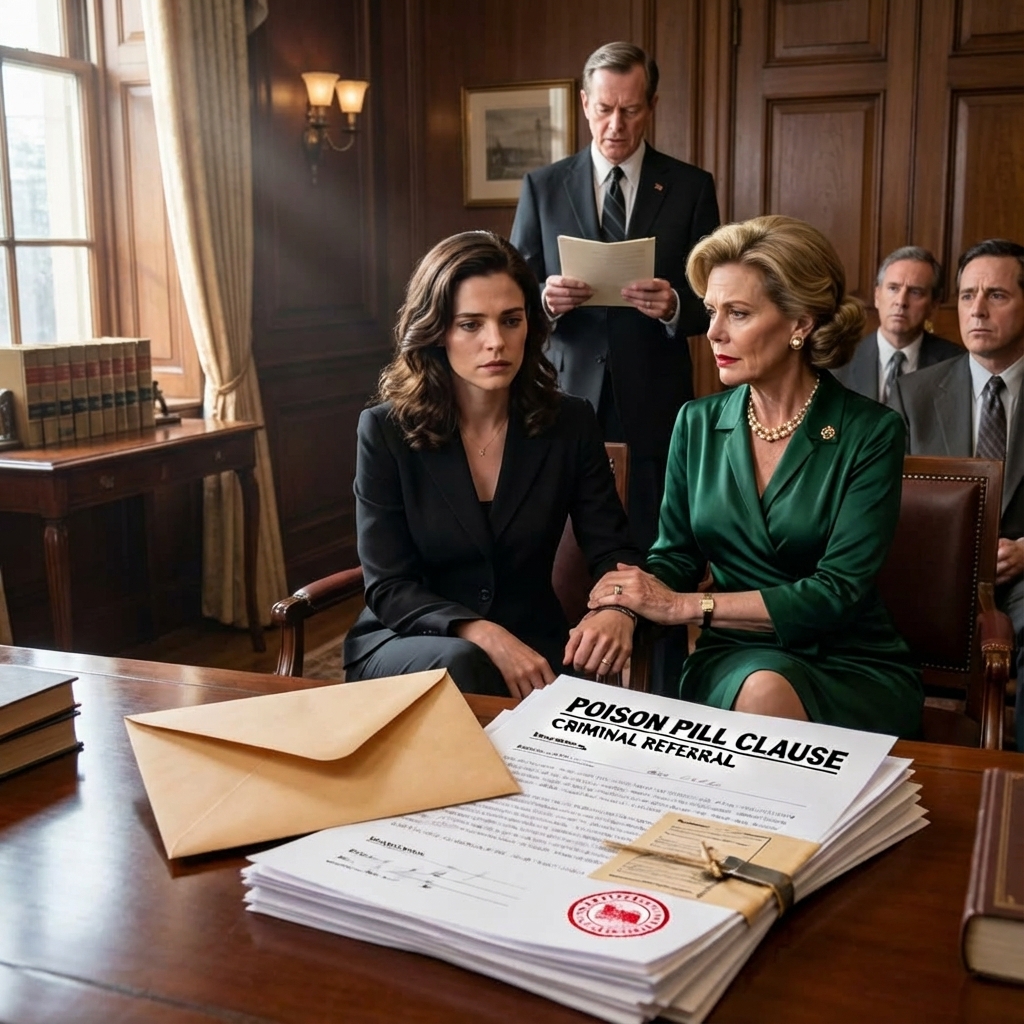 She walked into my uncle’s funeral in pearls and perfume, smiling like she already owned his fortune. The same woman who left me at sixteen. When the lawyer called her name, she squeezed my hand and whispered, “Watch me win.” Then the envelope opened—and the room went ice-cold. “A poison pill clause,” the lawyer read, “effective only if she appears to claim anything.” Her smile cracked. “What does that mean?” she snapped. I didn’t answer… because the next page had her name under criminal referral.