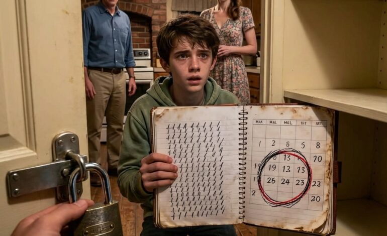 For three years my dad sat across from me at dinner, laughing, passing dishes, acting like everything was normal—yet my plate stayed empty every single night. “You’re not hungry again?” he’d say, never once looking at my hands shaking under the table. The night I finally whispered, “Dad… I haven’t eaten in days,” he froze, then my mom snapped, “Stop being dramatic.” That’s when I checked the pantry lock… and found the notebook with every meal counted—like I was a punishment. And the last page had tomorrow’s date circled.