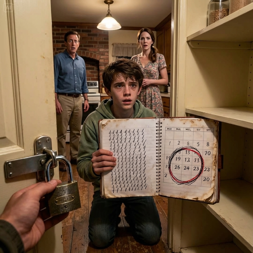 For three years my dad sat across from me at dinner, laughing, passing dishes, acting like everything was normal—yet my plate stayed empty every single night. “You’re not hungry again?” he’d say, never once looking at my hands shaking under the table. The night I finally whispered, “Dad… I haven’t eaten in days,” he froze, then my mom snapped, “Stop being dramatic.” That’s when I checked the pantry lock… and found the notebook with every meal counted—like I was a punishment. And the last page had tomorrow’s date circled.