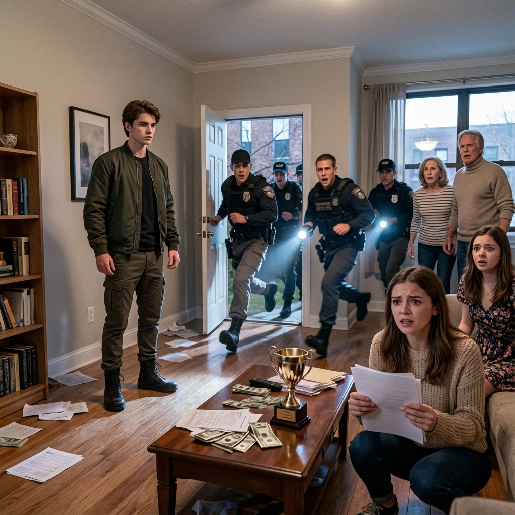 “Found your little savings,” my sister sneered, waving my college-fund papers like a trophy. My parents actually smiled—proud. I swallowed the rage and said, “Keep it.” She laughed. “What are you gonna do, cry?” I stepped into the hallway and made one call. Minutes later, the front door EXPLODED open—boots, badges, shouting, “Treasury agents! Nobody move!” My mom’s face drained white. My sister’s voice cracked: “W-wait… what is this?” And that’s when I realized… the money was only the beginning.