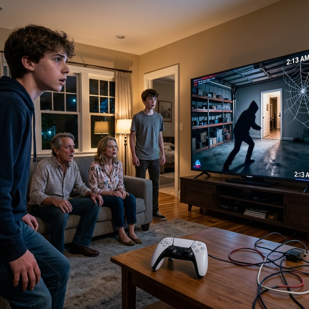 My foster brother slammed my PS5 controller on the table and snarled, “Your games trigger my trauma—move it to the garage.” My parents didn’t even look up. “Do it,” Mom said coldly. So I carried my console into that spider-infested, pitch-black garage… and smiled. Because the next morning, my controller “vanished.” Dad yelled, “Stop lying!” I whispered, “Then check the footage.” When we hit play, the screen showed someone creeping in at 2:13AM—then turning straight toward my parents’ locked bedroom door. And that’s when I realized the PS5 was never the target.