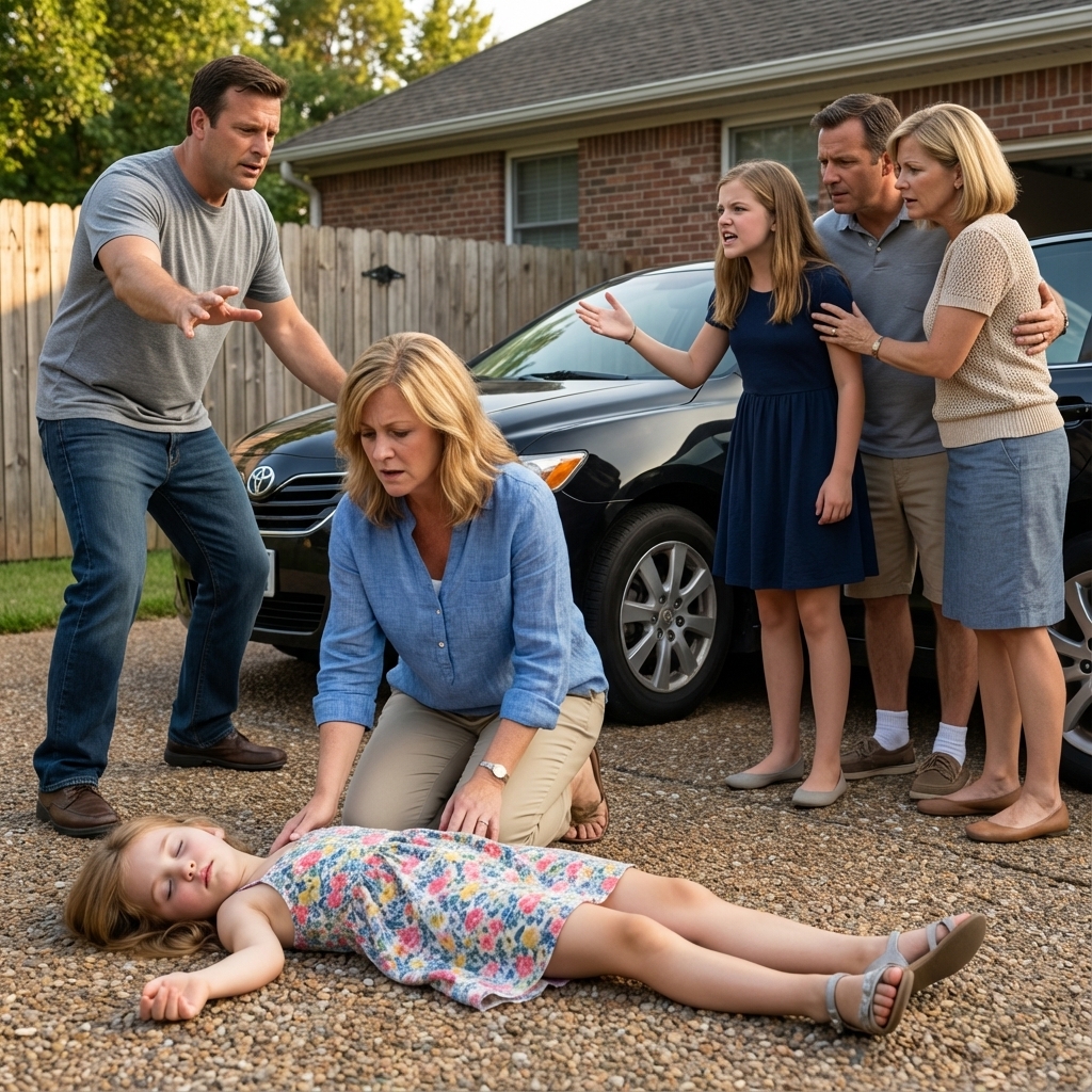 At my parents’ house, my 6-year-old daughter was playing in the yard when I suddenly heard a loud bang. Rushing outside, I froze — my sister had nearly run her over. She stormed out of the car, furious, and began dragging my unconscious daughter out of the way, shouting, “Keep your brat away from my car! Look what she did!” I ran to help, but before I could reach my child, my parents rushed to comfort my sister instead. “Honey, what happened? Why are you so upset?” my father asked, while my mother shot me a look of pure disgust. “Look at what your daughter caused. Just go away.” My sister, still shaking with rage, started toward me, her hand raised. But before she could strike, my husband came outside — and the moment he saw what had happened to our little girl, what he did next left everyone speechless.