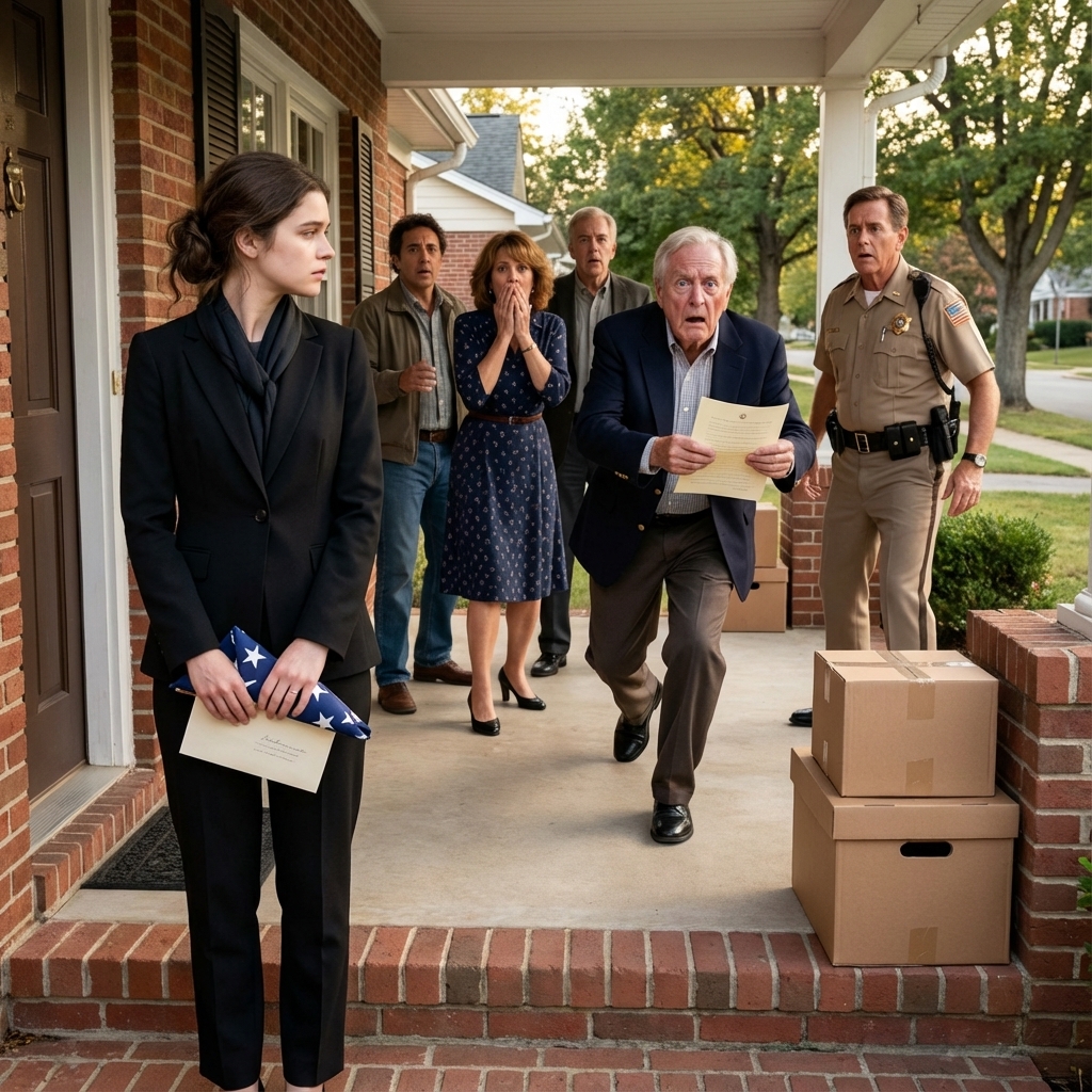 “The morning after my soldier husband’s funeral, I came home to find my in-laws changing the locks. His father snapped, ‘Blood family only. Your time here is over.’ I didn’t argue. I watched them pack my things into boxes, then looked him straight in the eye and said, ‘You forgot one thing.’ The moment he read the document I handed him, his face drained of color… and he staggered back.”