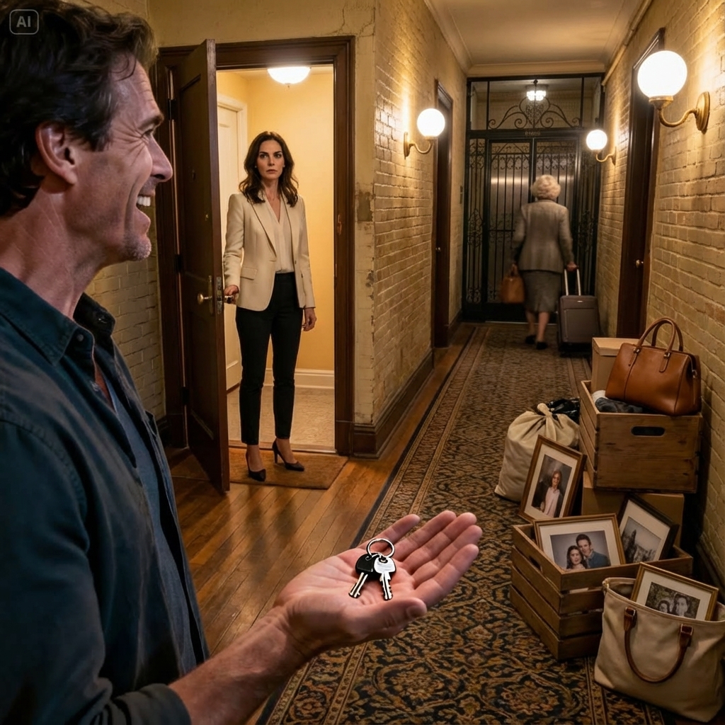 “This isn’t our home, Emily. This apartment is mine—I bought it before the wedding. You don’t live here anymore. Your things are in the hallway.” His face went blank. “What about my mom? She sold her place—she’s already on her way with suitcases!” I didn’t even blink. “She can turn the taxi around,” I said coldly. He laughed like I was joking… until I leaned in and whispered, “Because I have even worse news for her.”