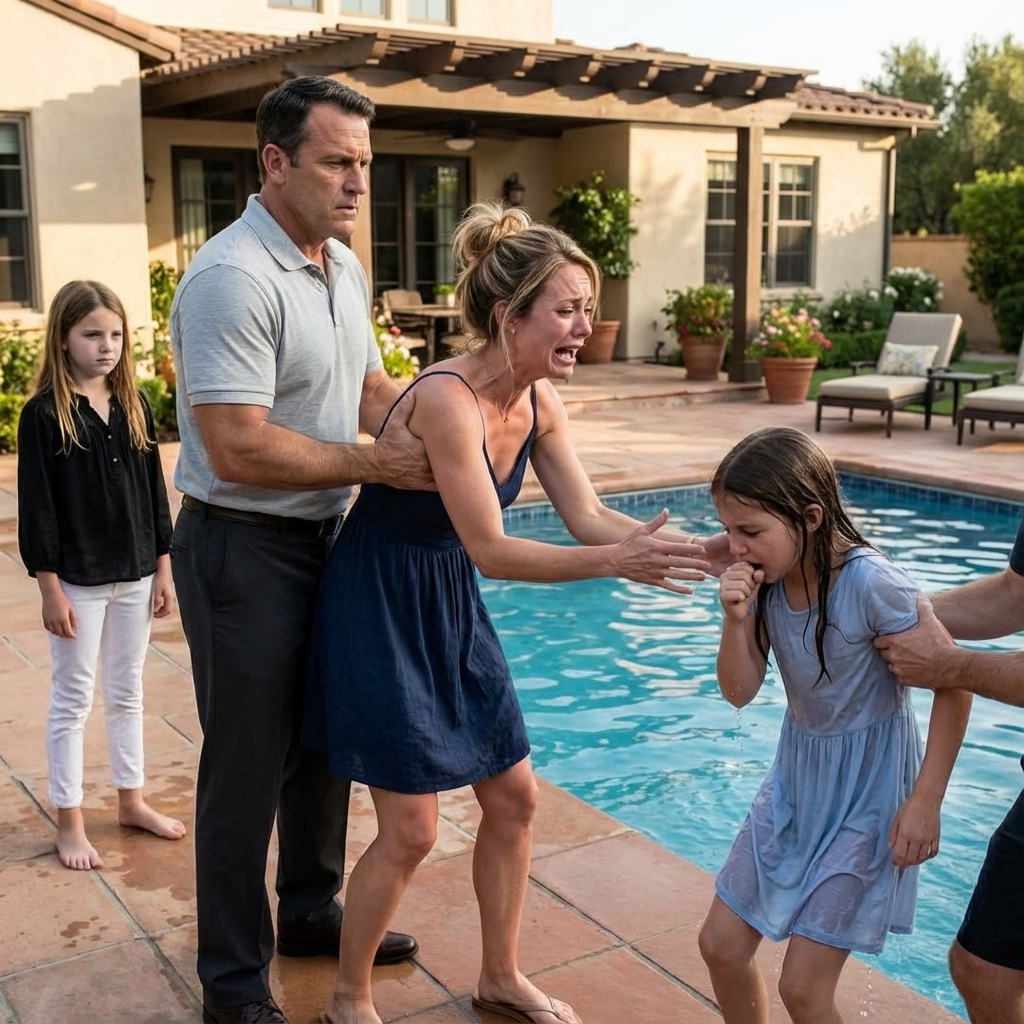 My sister pushed my daughter into the pool—still in her dress, unable to swim. I rushed forward, but my father grabbed me by the neck and forced me down. “If she can’t handle the water, she doesn’t deserve to live.” In that moment, my heart felt like it was being torn apart. After pulling my exhausted, water-choking child out, I didn’t scream. I didn’t cry. I just looked at them one last time—long, cold, and silent. Then I walked out of that house for good. They had no idea I would take away everything they ever valued… and by the next morning, they finally began to understand.