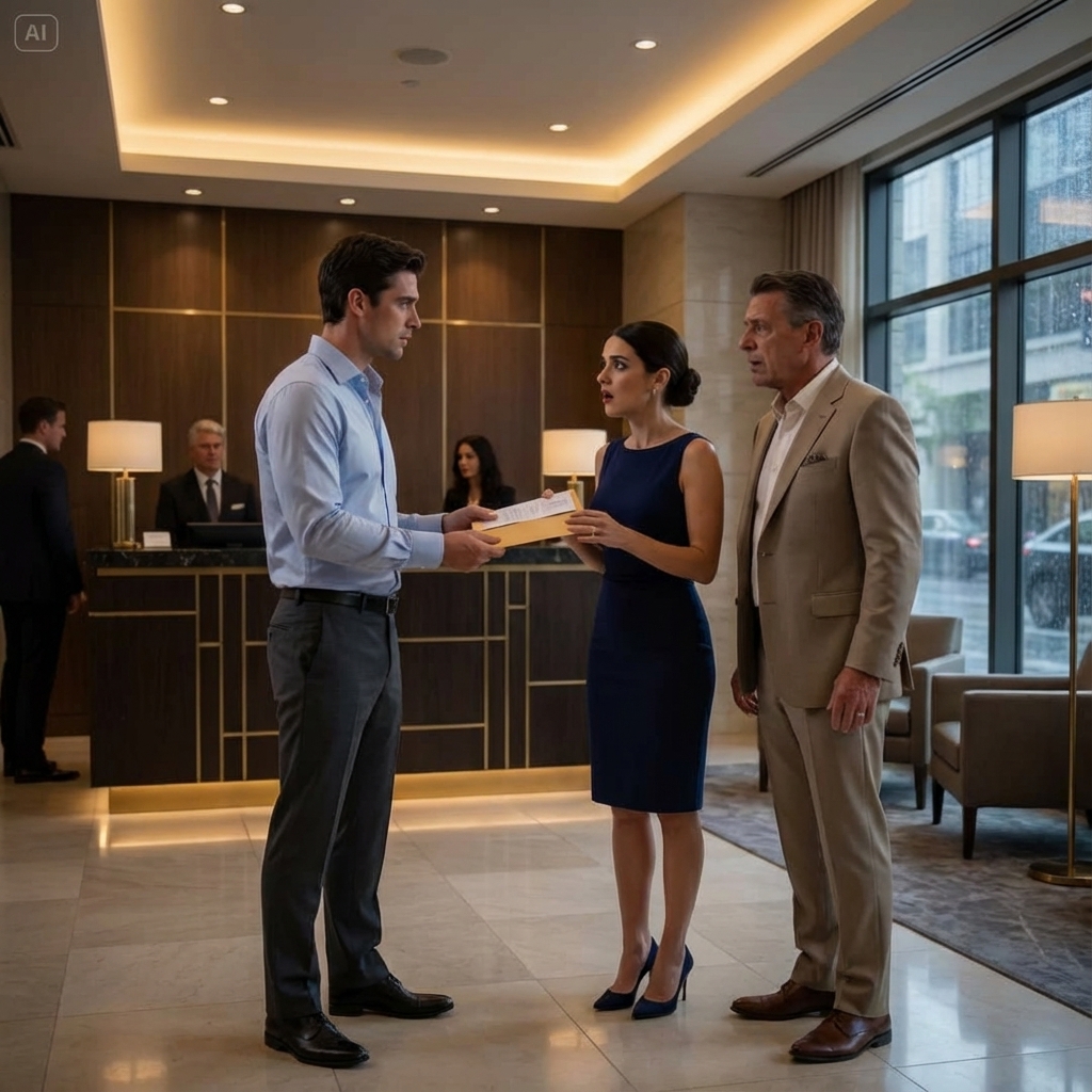 I followed my wife to a secret hotel and watched her walk in like she had nothing to lose—until she stepped into the lobby and froze, because I was standing there waiting with divorce papers in my hand, ready to end everything in front of everyone.