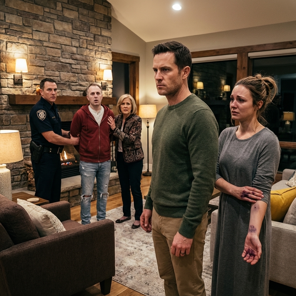 My wife showed me her bruised wrist, shaking as she cried, “He did this to me…” I looked at my brother—smirking like he’d get away with it. “Don’t make it a big deal,” my mom whispered. I stayed silent and made one call. When my brother walked in, an officer stopped him. “You’re being detained.” His face drained. I leaned in and said softly, “Today’s lesson… is consequences.” And for the first time, justice spoke louder than family.