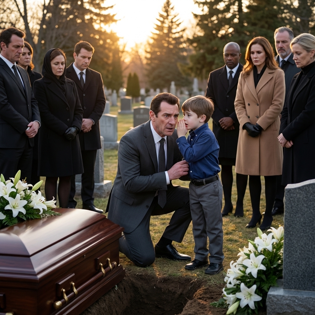 I had laid my wife to rest barely an hour when my 7-year-old son tugged my sleeve, whispering shakily, “Dad… Mom called me from inside the coffin.” I thought he was overwhelmed with grief, but the terror in his eyes made my heart sink. Without knowing why, I heard myself say, “Dig it up.” When the coffin lid swung open, everyone held their breath—because what we saw inside… changed everything.