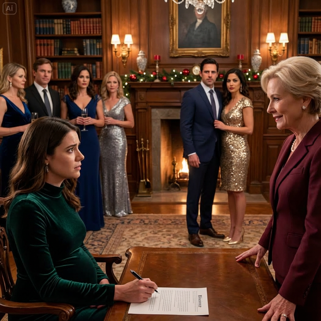 At my wealthy in-laws’ Christmas party, my mother-in-law smiled sweetly as she slid divorce papers across the table. “Sign it,” she whispered, glancing at my pregnant belly. “That child isn’t worthy of being an heir.” Laughter filled the room as my hands shook. But as I picked up the pen, I thought of one thing they didn’t know. My father isn’t just coming for Christmas—he’s a billionaire. And this story is far from over.