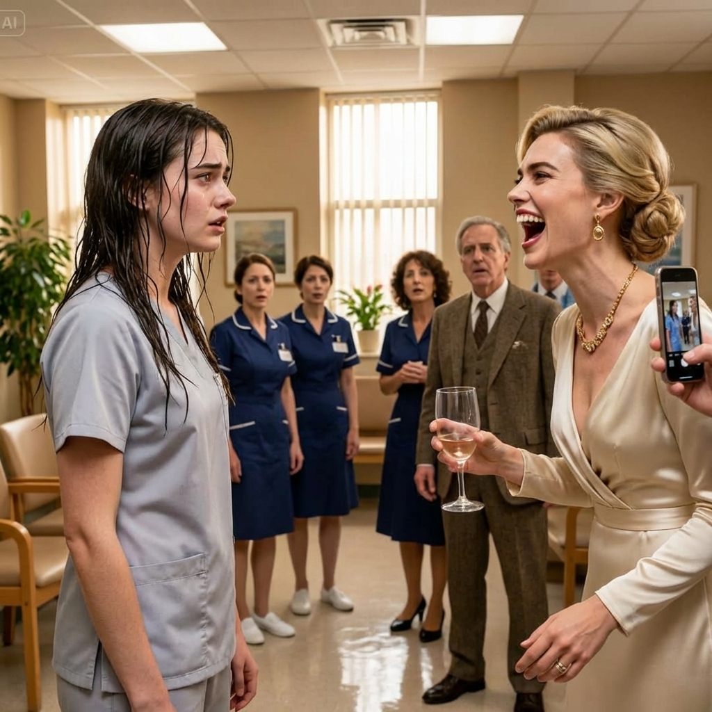 She laughed while the water dripped from my hair onto the hospital floor. ‘Kneel and apologize,’ she said, holding her phone up to record me. Everyone watched. No one helped. I could’ve told her who my husband was. I didn’t. Because what she did next sealed her fate—and she had no idea her world was about to collapse.