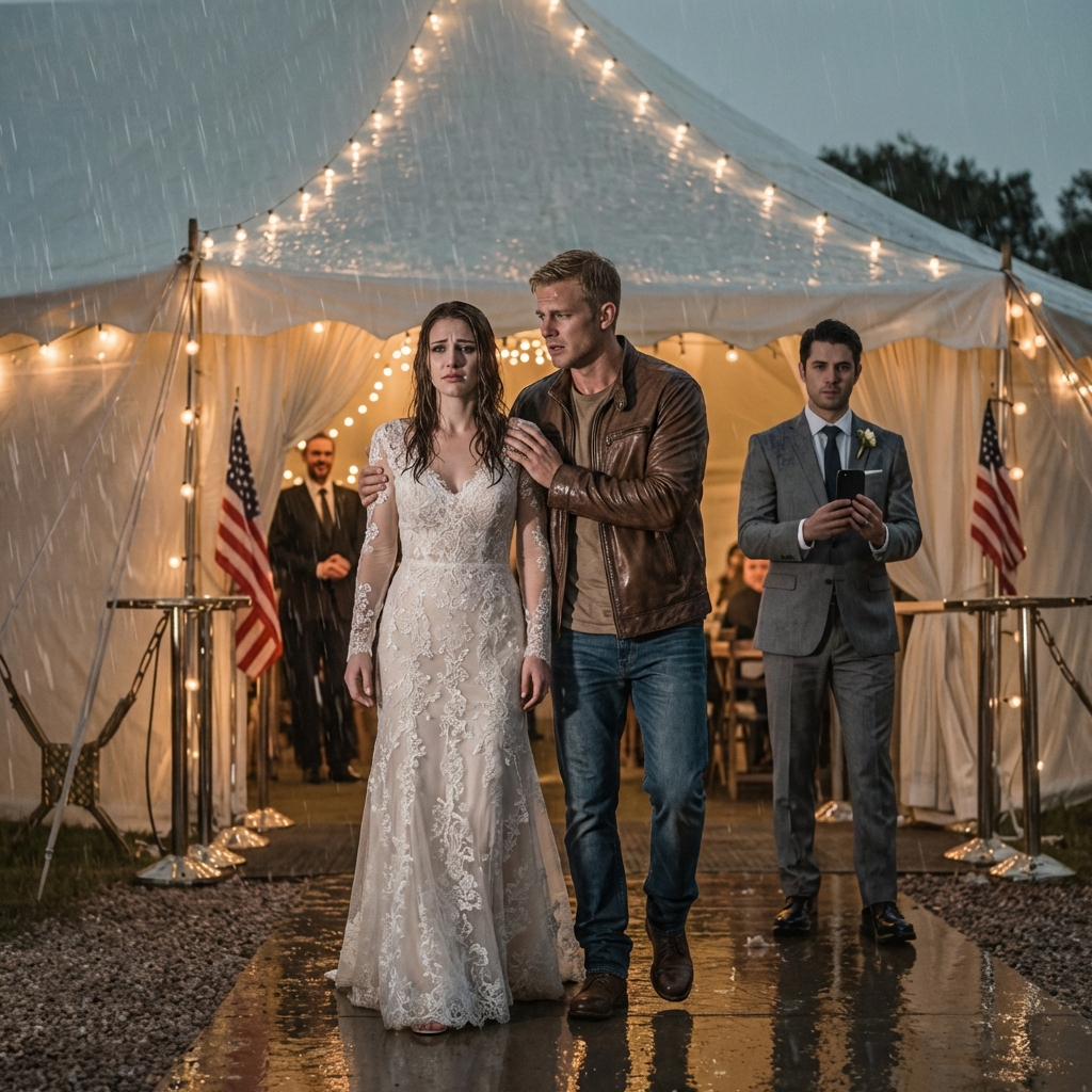 My parents made me sit in the back seat at my sister’s wedding in the rain then she ‘accidentally’ spilled red wine on my white silk dress and said I shouldn’t be in her photos. I didn’t cry. I just stood there soaking wet, holding the bouquet like a prop. Then my husband’s black SUV pulled up. The music stopped. And in just thirty seconds…the groom was led out.