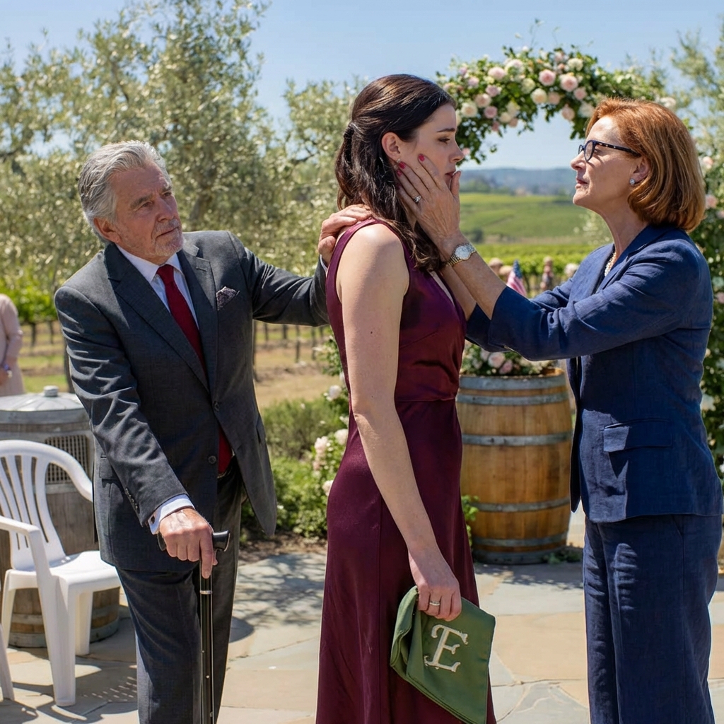 My mother smiled for the photographer and whispered, “Seat that old man behind the trash bins—tell people he’s staff if they ask,” the moment my 82-year-old grandpa stepped off a six-hour flight for my brother Michael’s Napa vineyard wedding, and when I raised my glass and asked why strangers were eating at the family table while he sat on a plastic chair beside the catering vents, she slapped me so hard the music stopped… then the iron gate shook, a black Rolls-Royce and two SUVs rolled in, and Grandpa William walked back like the vineyard answered to him.