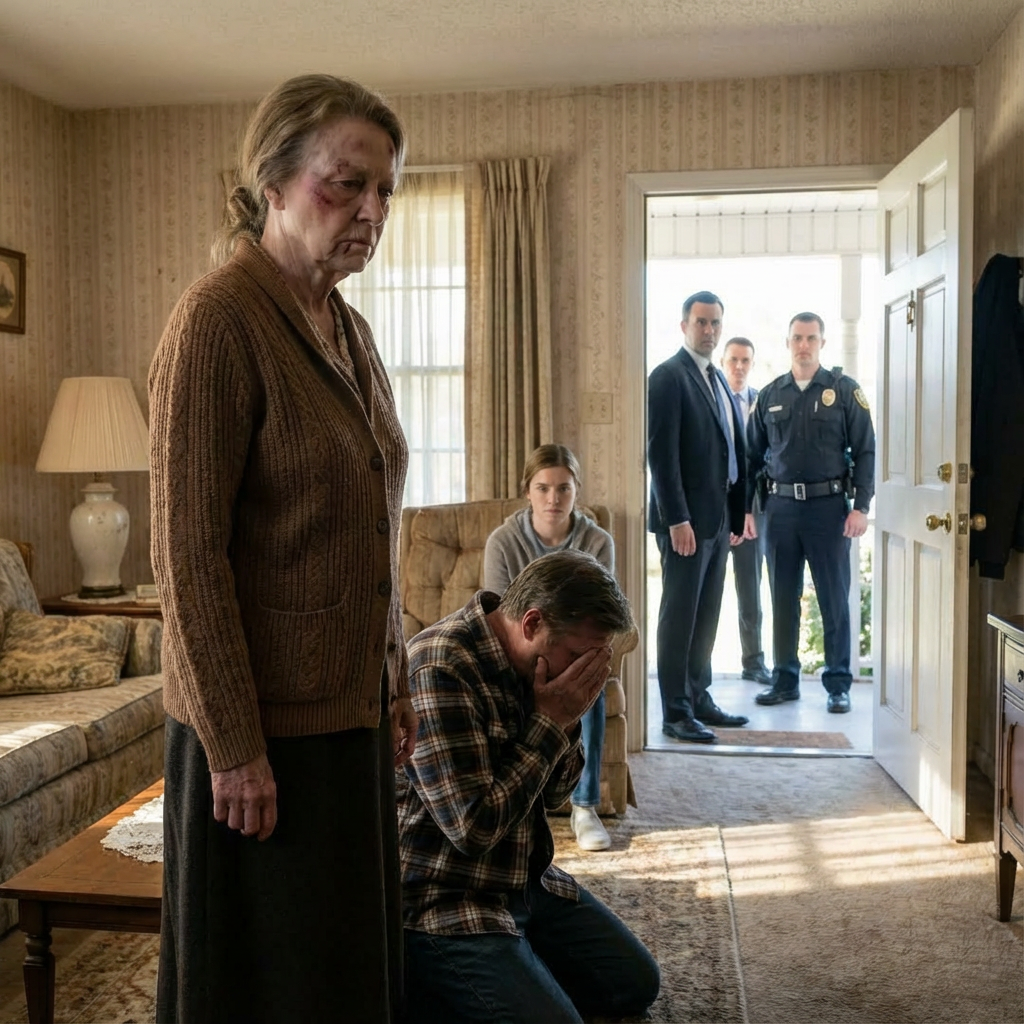 I refused to give my son the money from selling the farm. He slapped me and screamed, “Get this old woman out of here!” My daughter-in-law clapped her hands in satisfaction. Trembling, I went into my room, shaking and bleeding. Ten minutes later, the doorbell rang. When he saw who was standing there, he collapsed to his knees, sobbing and begging for forgiveness, his face turned white, “Mom… please… don’t do this.”