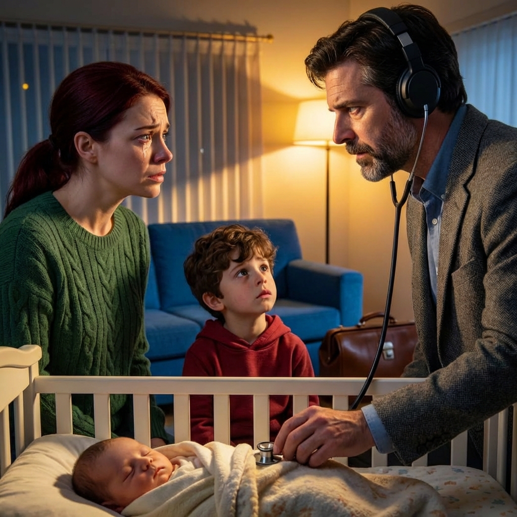 Holding my newborn, I froze when my six-year-old insisted the baby wasn’t part of our family. My husband immediately shut him down, raising his voice in frustration. Hours later, once my husband was gone, the doctor pulled me aside and began with a single unsettling word: actually.