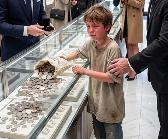 A barefoot boy in threadbare clothes slipped into a luxury jewelry store and quietly emptied thousands of cold coins onto the polished glass counter. A security guard moved to drag him out, convinced the child’s poverty was an insult to the wealthy clientele—until the store manager intervened, frozen by the words the boy had just spoken.