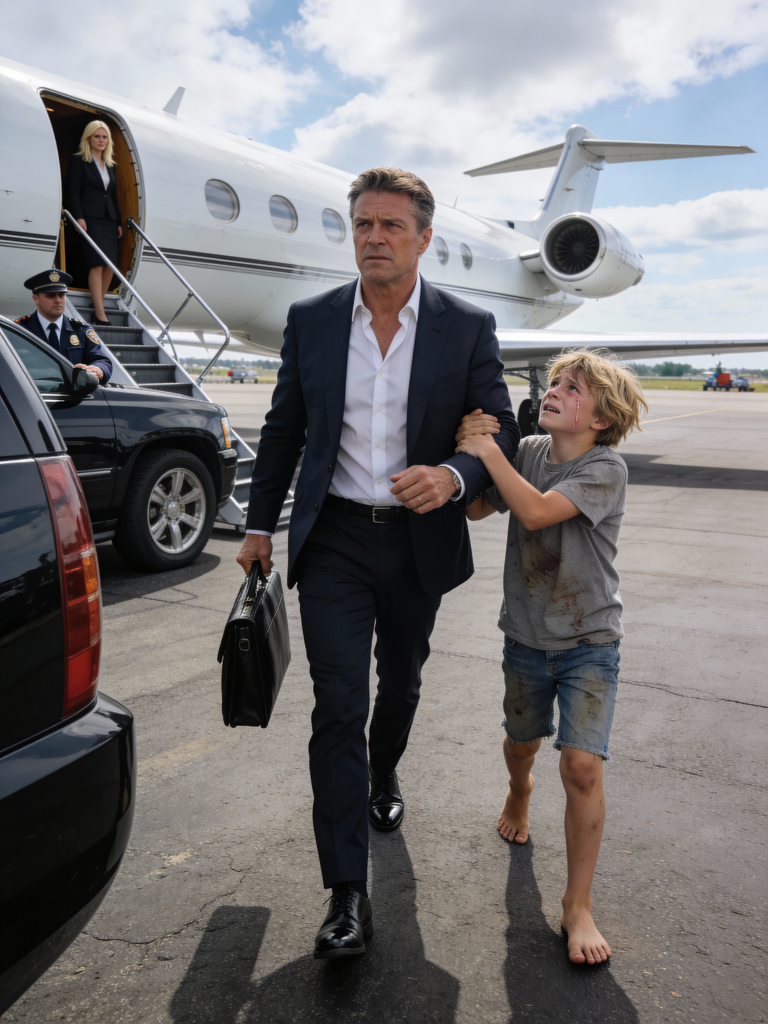A Barefoot 12-Year-Old Stopped a Billionaire at the Airport and Begged Him Not to Board His Jet—What They Found Under the Plane Minutes Later Stunned Everyone.