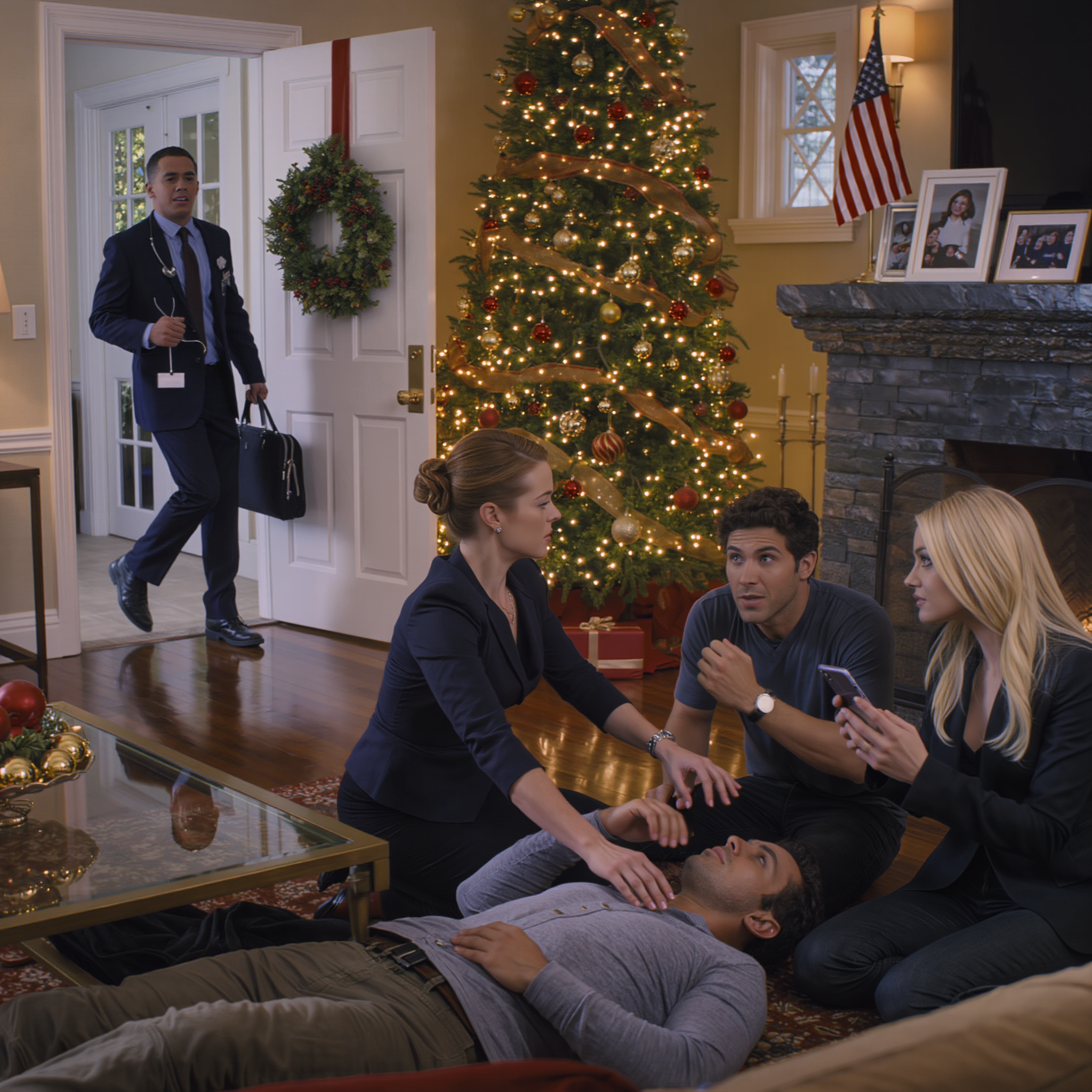 On Christmas Eve, my husband dropped beside the tree—and my own son shoved me back, saying I was “only a housewife.” They called the city’s top cardiologist, certain I’d make things worse… until he walked in, saw where my fingers were placed on my husband’s neck, and went white. Then he stared at me and asked one question that made the whole room freeze—and rewrote everything my family thought they knew about me.