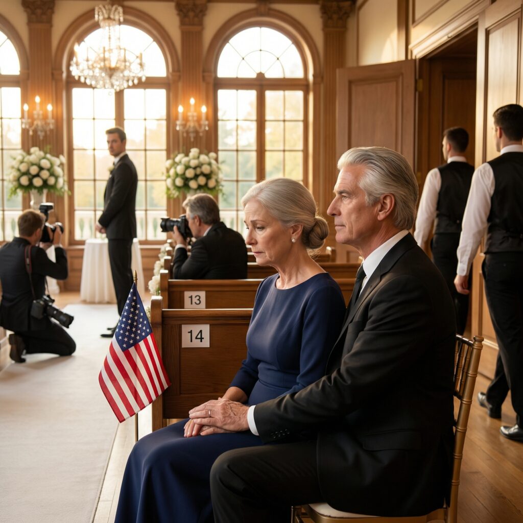 At my son’s luxury wedding, they put me in row 14 right beside the service area. The bride leaned in and whispered, ‘Please… don’t make us look bad today.’ Then a man in a black suit sat next to me and murmured, ‘Let’s pretend we came together.’ When my son looked down and saw us, his face went pale.