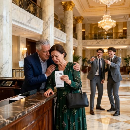 My sons surprised me with a weekend at a five-star hotel, all smiles, calling it a “thank-you.” At checkout, they disappeared—leaving a €2,600 bill I couldn’t pay. The receptionist leaned in. “Are you Henry Mark’s daughter?” Before I could respond, a stranger slipped a yellow envelope into my trembling hands. “Your father planned for this day,” he whispered. No cash. No answers. Just one clue pointing to a locked door. When it finally opened, I understood—my sons hadn’t abandoned me. They were testing limits… and had no idea what I’d just inherited.