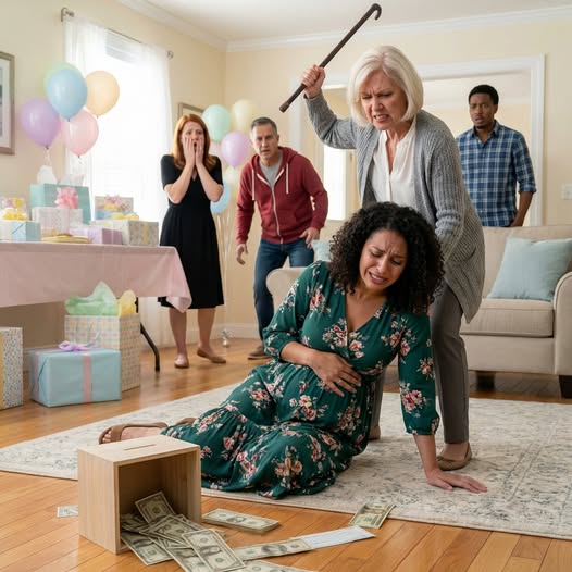 I was eight months pregnant, standing under pastel balloons, when my friends cheered, “For you—and the baby.” Someone whispered, “We raised $49,000 for your medical bills.” I was crying, laughing… until my mom’s eyes locked on the donation box. “Move,” she snapped, grabbing for it. “Mom, no—this isn’t yours!” Her smile vanished. She reached behind the table, yanked out a heavy iron rod from the decorations, and hissed, “You don’t deserve this.” Then—CRACK. The blow slammed into my belly. A hot, terrifying rush… my water broke instantly.
