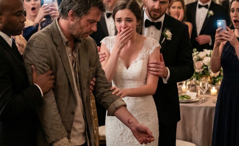 On my wedding day, the music was perfect—until a homeless man sneaked in, whispering, “Please… just one bite.” Humiliated, I hissed at the security, “Get him out. Immediately.” He struggled. “Please! I’m hungry.” When they yanked at his sleeve, a birthmark appeared on his wrist. My heart sank. It was the exact same birthmark my father had had, the one that had disappeared ten years earlier. “Dad…?” I exclaimed. The entire wedding hall fell silent.