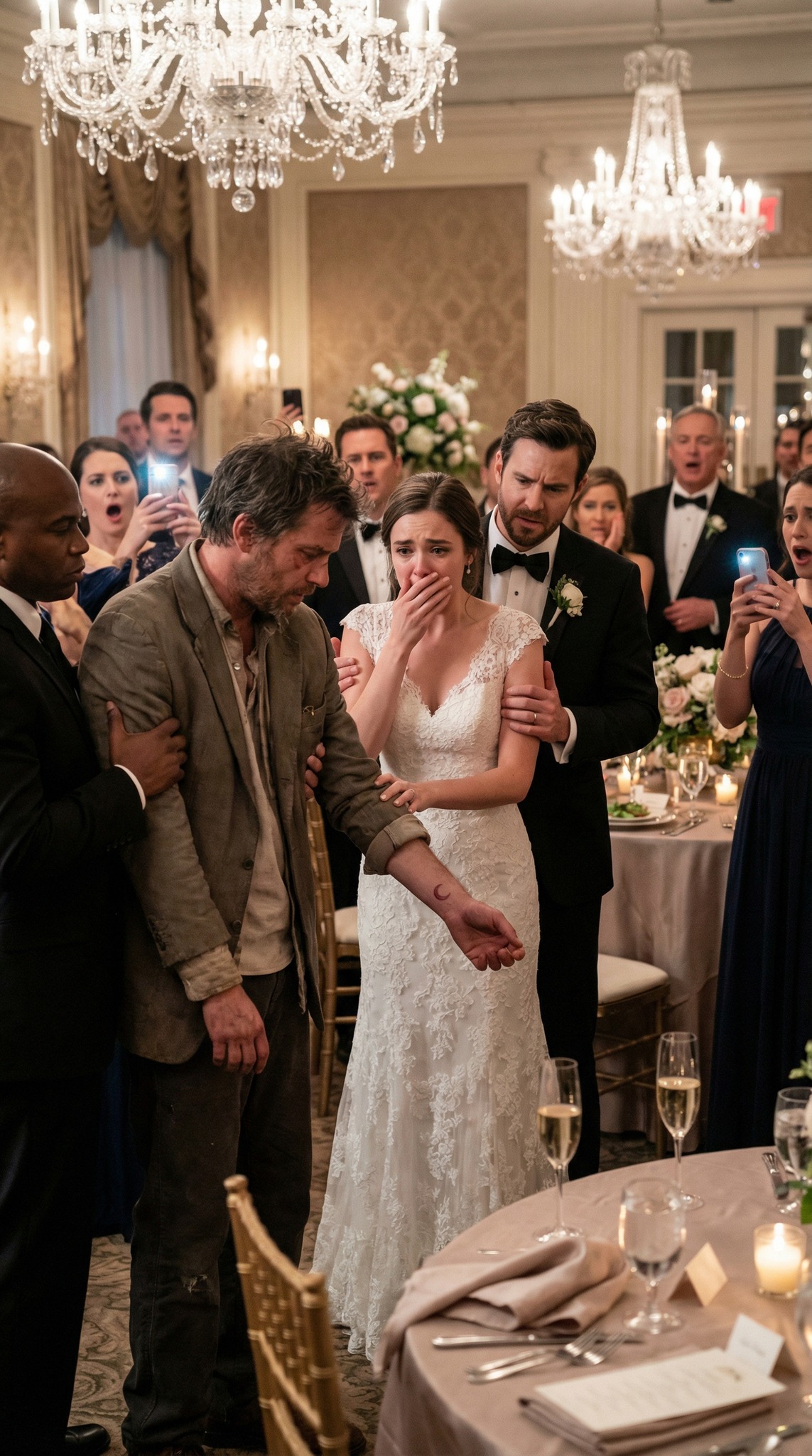 On my wedding day, the music was perfect—until a homeless man sneaked in, whispering, “Please… just one bite.” Humiliated, I hissed at the security, “Get him out. Immediately.” He struggled. “Please! I’m hungry.” When they yanked at his sleeve, a birthmark appeared on his wrist. My heart sank. It was the exact same birthmark my father had had, the one that had disappeared ten years earlier. “Dad…?” I exclaimed. The entire wedding hall fell silent.