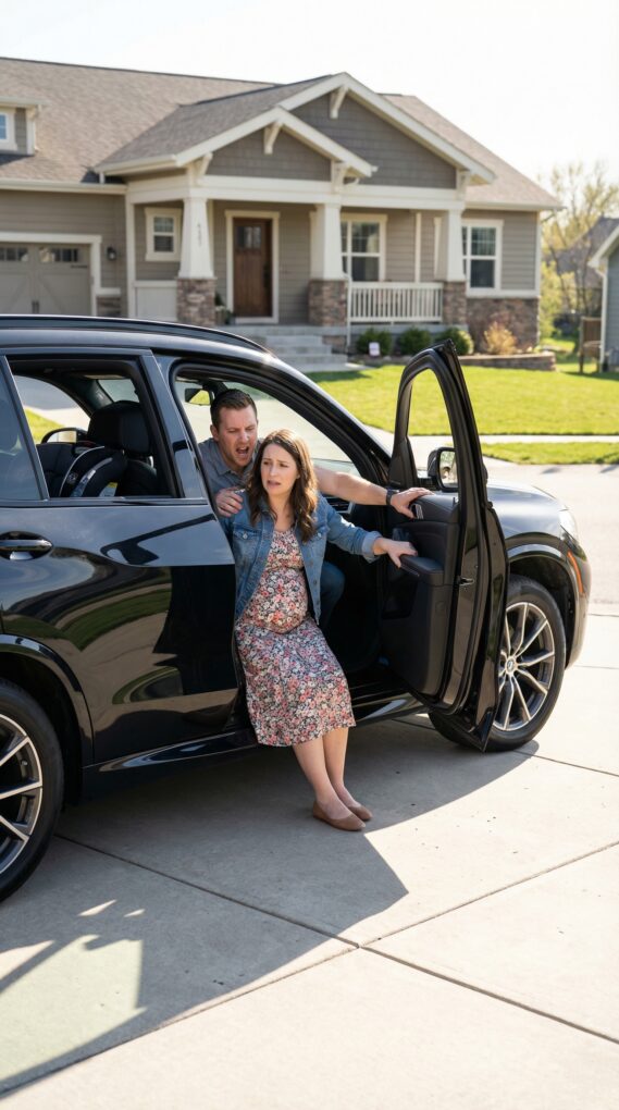 At eight months pregnant, I thought his new car meant we were finally starting over. But the moment I touched the seat, he snapped, “Don’t sit in it! A pregnant woman in a new car is bad luck!” I clutched my belly. “Please… it hurts. Just take me home.” He shoved me hard—my knees hit the ground. “I said get out!” The door slammed. Tires screamed. And as he sped away, I tasted blood and made a promise: that car won’t be the only thing he loses. I’m coming back for everything that’s mine.