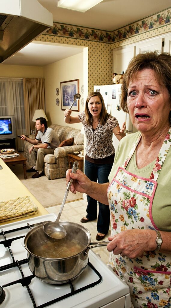 I was calmly stirring a pot of soup when my daughter-in-law suddenly swung the ladle and struck me hard on the head. “Who cooks like that? You’re completely useless!” she screamed. My son simply turned up the volume on the TV, pretending not to hear or see anything… And in that moment, the decision I made next changed everything forever.