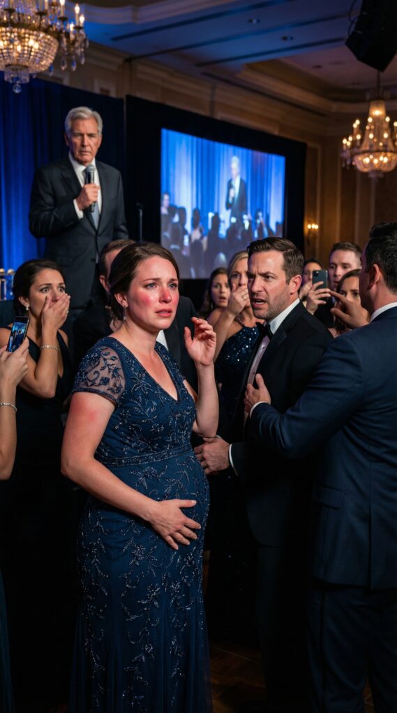 The ballroom glittered like a lie. I lifted my glass—smack. My cheek burned. Again. Again. Guests in silk pretended not to see as I clutched my belly and whispered, “Stop… I’m pregnant.” He leaned in, smiling for the cameras. “Then don’t embarrass me.” That’s when my father strode onto the stage, seized the mic, and said, “Everyone deserves the truth—about him, and about tonight.” Screens flickered on. And my husband’s face finally changed.
