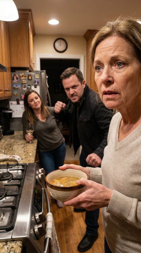 My fingers dug into his wrist, but his grip only tightened. I tasted panic and iron as he roared, “Obey me, you useless old woman! Go cook my dinner—NOW!” Behind him, my daughter-in-law giggled like it was a show. I stared into my son’s eyes and realized the boy I raised was gone—replaced by something cruel. I stopped struggling. I smiled. “Alright,” I whispered, “I’ll cook.” Because tonight, I wasn’t making dinner. I was setting the table for a lesson he’d remember for the rest of his life.