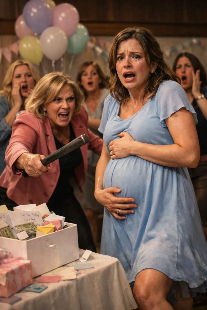 I was eight months pregnant, standing under pastel balloons, when my friends cheered, “For you—and the baby.” Someone whispered, “We raised $52,000 for your medical bills.” I was crying, laughing… until my mom’s eyes locked on the donation box. “Move,” she snapped, grabbing for it. “Mom, no—this isn’t yours!” Her smile vanished. She reached behind the table, yanked out a heavy iron rod from the decorations, and hissed, “You don’t deserve this.” Then—CRACK. The blow slammed into my belly. A hot, terrifying rush… my water broke instantly.