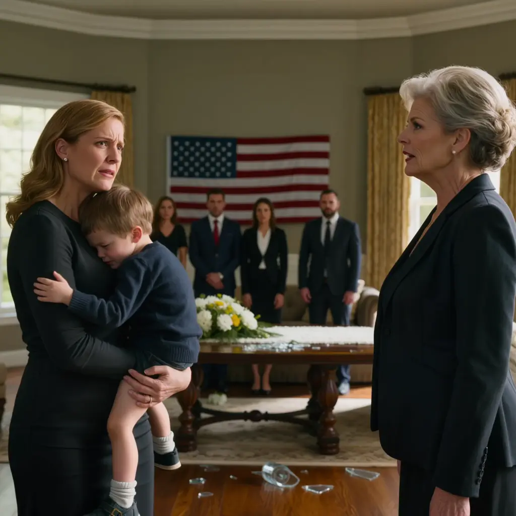 At my husband’s funeral, my mother-in-law slapped my 6-year-old son across the face just because he dropped a photo frame, then said coldly, “Take that piece of garbage out of my house,” and I stood there holding my son in a room full of relatives staring at us, wiped my tears, made one call, and said, “I need you here right now, it’s time” — and 2 hours later, no one in that house was speaking in the same voice anymore