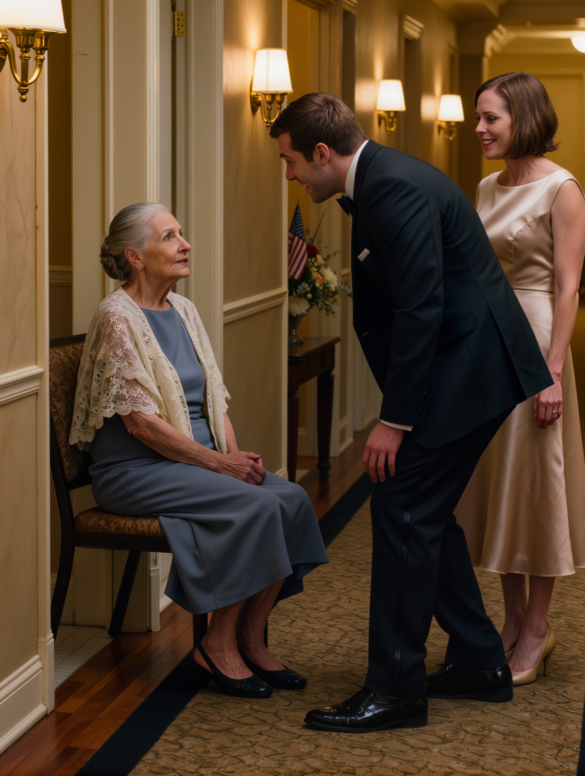 At my grandson Ethan’s wedding, Clare smiled, led me past the family tables, and sat me on a single chair in the hallway, telling me, “Be grateful you’re here.” Less than an hour later, Ethan found me there, looked at my face, and the glow of that perfect room seemed to shift all at once.
