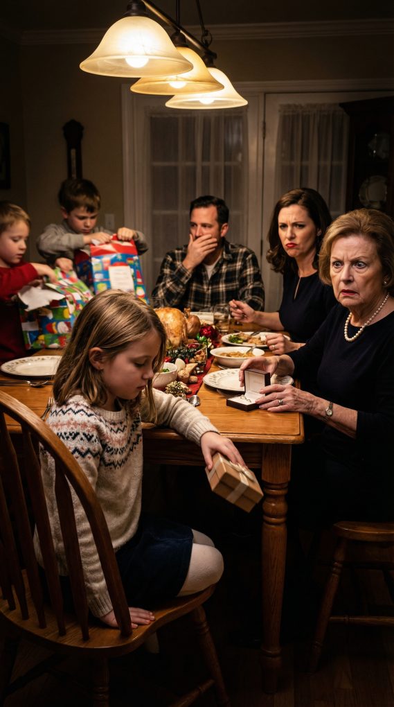 I watched my daughter sit quietly while the others unwrapped expensive gifts. “Why didn’t I get anything?” she whispered. Before I could answer, my mother-in-law snapped, “Because you’re not one of us.” My chest tightened—but then my daughter stood up, placed a box in front of her, and said, “Daddy told me this would happen.” The moment she opened it, her face turned pale—and suddenly, no one was smiling anymore.